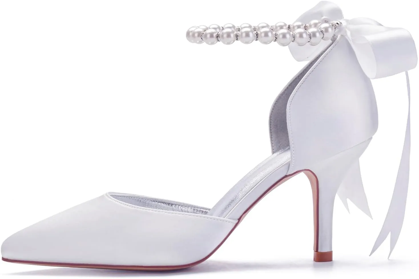 Bridal Pointed Toe 8CM Sandal High Heels Closed Toe Stiletto Women's Satin Wedding Shoes Beaded Bowknot Strap Pump Elegant Formal