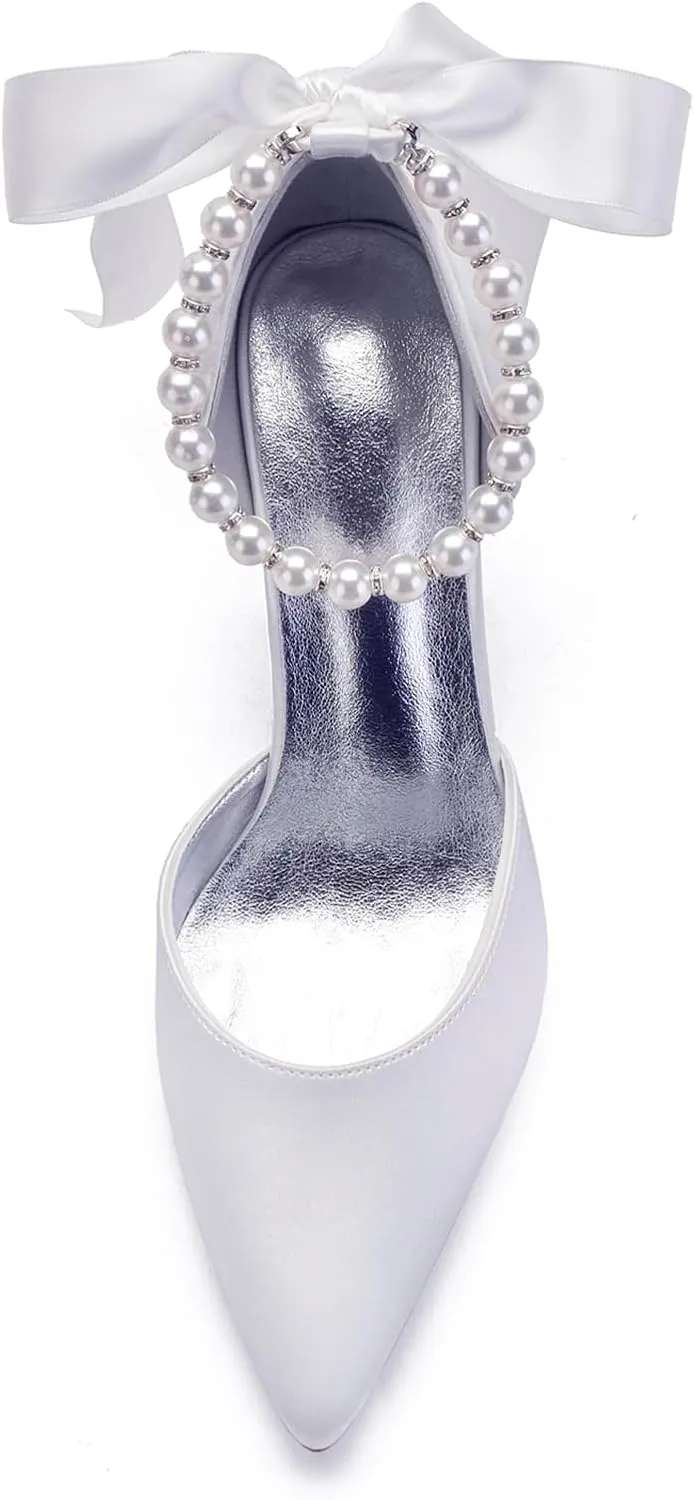 Bridal Pointed Toe 8CM Sandal High Heels Closed Toe Stiletto Women's Satin Wedding Shoes Beaded Bowknot Strap Pump Elegant Formal