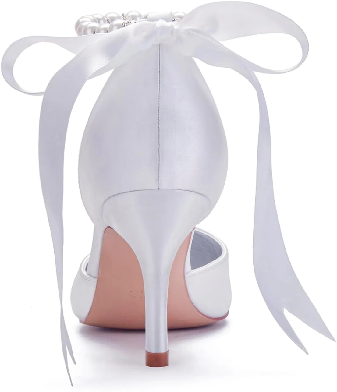 Bridal Pointed Toe 8CM Sandal High Heels Closed Toe Stiletto Women's Satin Wedding Shoes Beaded Bowknot Strap Pump Elegant Formal