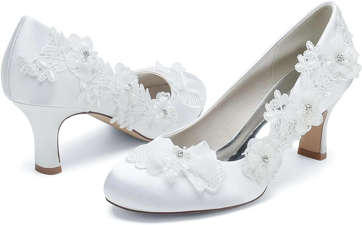 Bridal Shoes for Wedding Lace Women's Pumps Low Heels Satin Round Toe Pumps Shoes Dress Shoes Women Wedding Bridal Work Heels 6Cm
