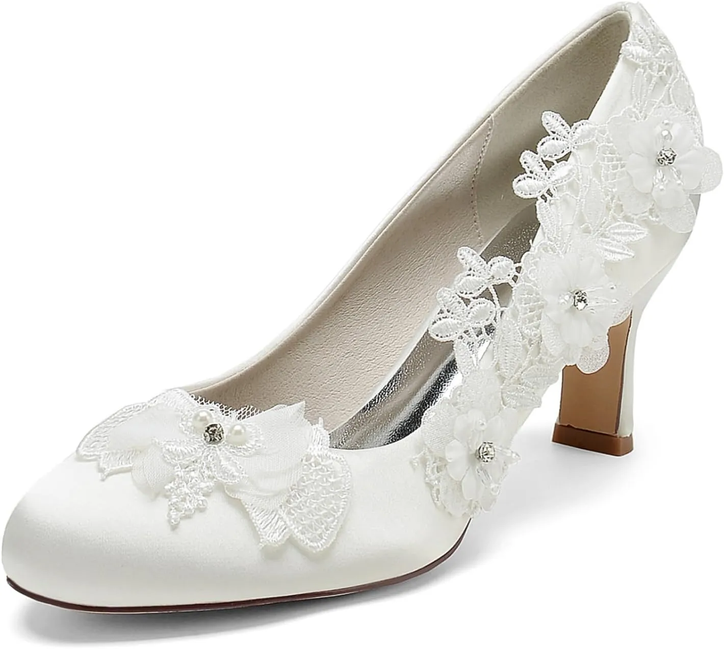 Bridal Shoes for Wedding Lace Women's Pumps Low Heels Satin Round Toe Pumps Shoes Dress Shoes Women Wedding Bridal Work Heels 6Cm