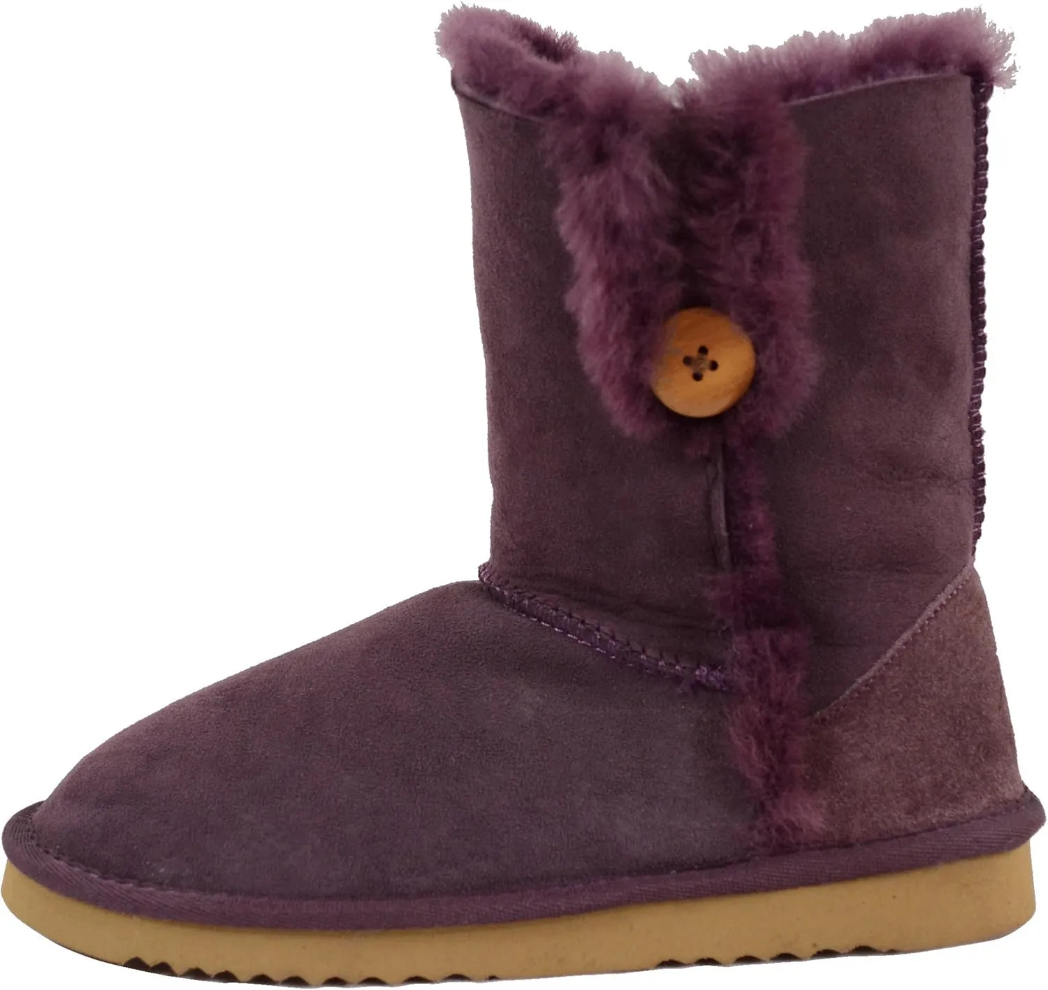 Bushga Ladies Genuine Sheepskin Mid Calf Short Boot with Button Design (Black, Chocolate Brown, Chestnut, Grey, Purple)