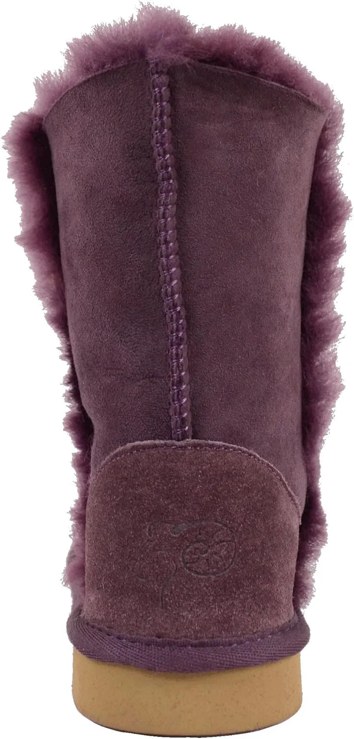 Bushga Ladies Genuine Sheepskin Mid Calf Short Boot with Button Design (Black, Chocolate Brown, Chestnut, Grey, Purple)