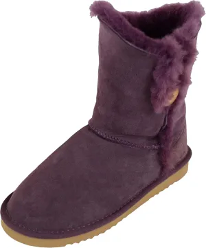 Bushga Ladies Genuine Sheepskin Mid Calf Short Boot with Button Design (Black, Chocolate Brown, Chestnut, Grey, Purple)