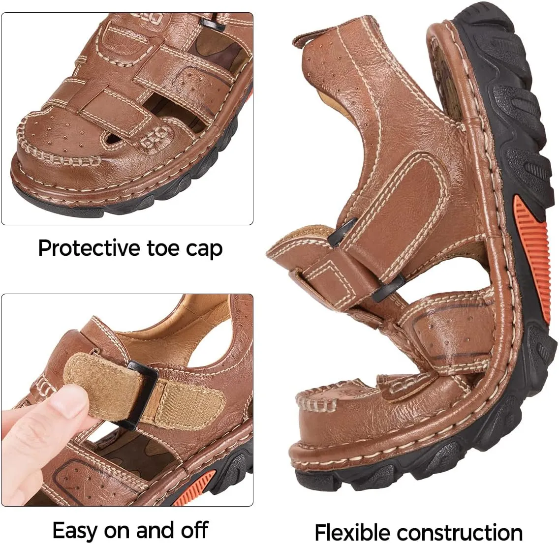 CAMEL CROWN Men's Leather Sandals Closed toe Fishermen Sandal Comfortable for Hiking Beach Walking Summer Shoes Size7-12