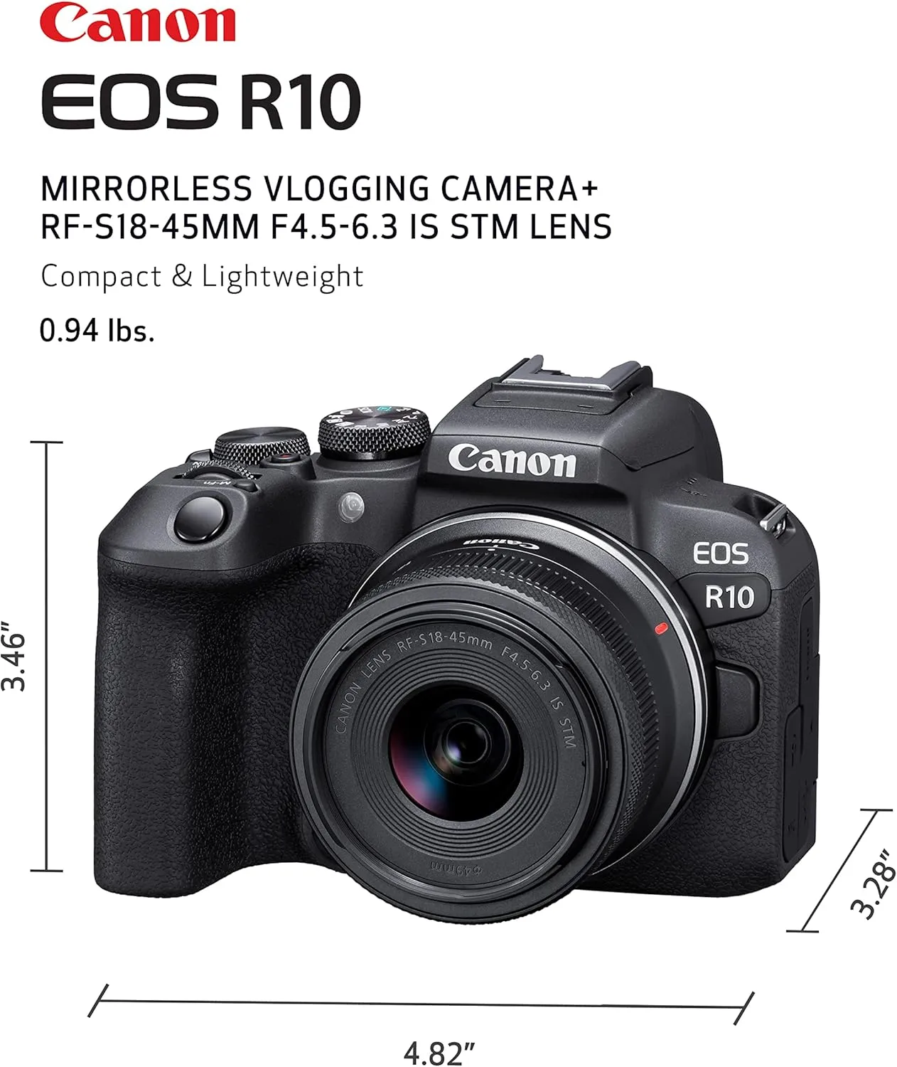 Canon EOS R10 Mirrorless Camera RF-S18-45mm F4.5-6.3 is STM Lens Kit, Hybrid Camera, 24.2 Megapixel CMOS (APS-C) Sensor, 4K Video, Vlogging Camera for Content Creators, Black