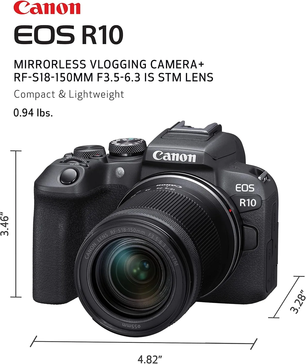 Canon EOS R10 RF-S18-150mm F3.5-6.3 is STM Lens Kit, Mirrorless Vlogging Camera, 24.2 MP, 4K Video, DIGIC X Image Processor, High-Speed Shooting, Subject Tracking, Compact, for Content Creators Black