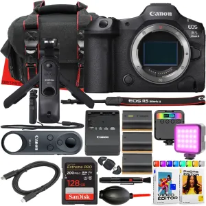 Canon EOS R5 Mark II Mirrorless Camera Body   Canon HG-100TBR Tripod Grip & BR-E1 Wireless Remote Control   128 GB Memory   RGB LED Light   2pc Extra Battery   More (19pc Bundle) (Renewed)