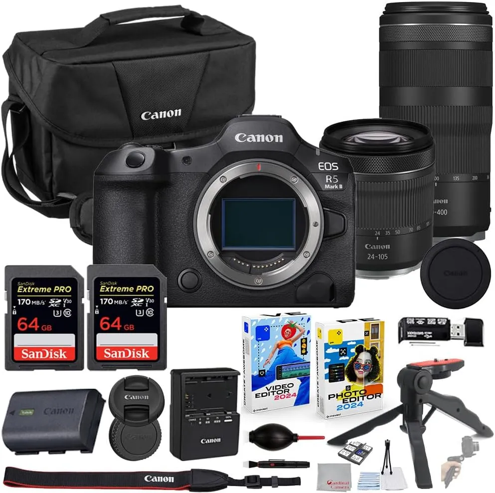Canon EOS R5 Mark II Mirrorless Camera with 24-105mm & 100-400mm Lens Bundle with Canon 200ES EOS Shoulder Bag   2X 64GB Extreme Memory Cards   Accessory Kit