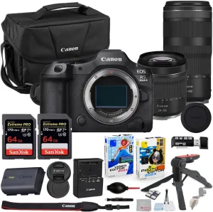 Canon EOS R5 Mark II Mirrorless Camera with 24-105mm & 100-400mm Lens Bundle with Canon 200ES EOS Shoulder Bag   2X 64GB Extreme Memory Cards   Accessory Kit
