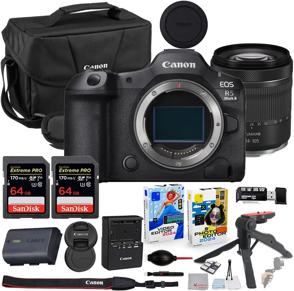 Canon EOS R5 Mark II Mirrorless Camera with 24-105mm Lens Bundle with Canon 200ES EOS Shoulder Bag   2X 64GB Extreme Memory Cards   Accessory Kit