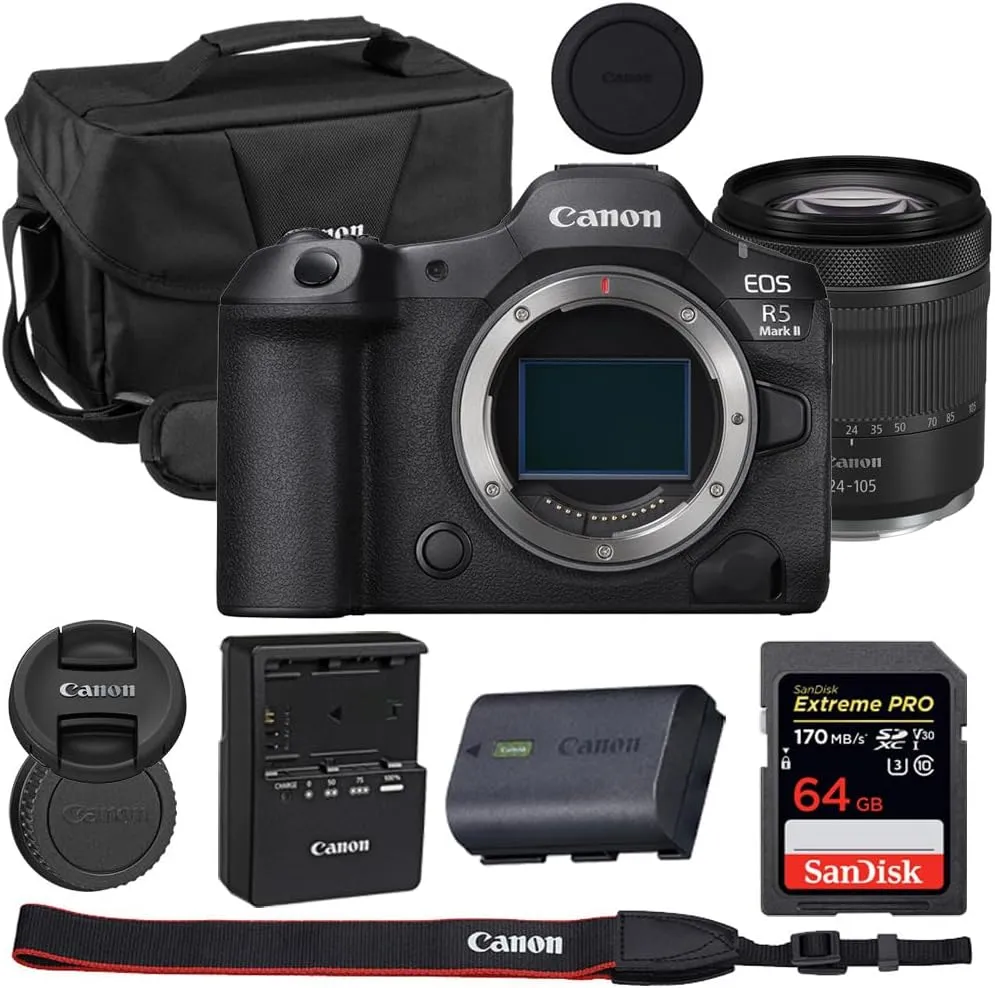 Canon EOS R5 Mark II Mirrorless Camera with 24-105mm Lens Bundle with Canon 200ES EOS Shoulder Bag   64GB Extreme PRO Memory Card