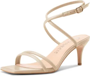 Castamere Womens Mid Kitten Heel Open Square Toe Sandals Ankle Strap Cross-Strap Prom Dress Cute Summer 2.6 Inches Heels