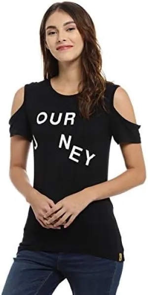 Casual Shoulder Strap Printed Women Black Tops