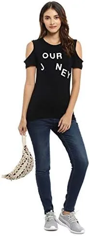Casual Shoulder Strap Printed Women Black Tops