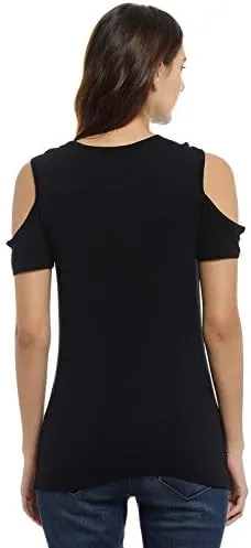 Casual Shoulder Strap Printed Women Black Tops