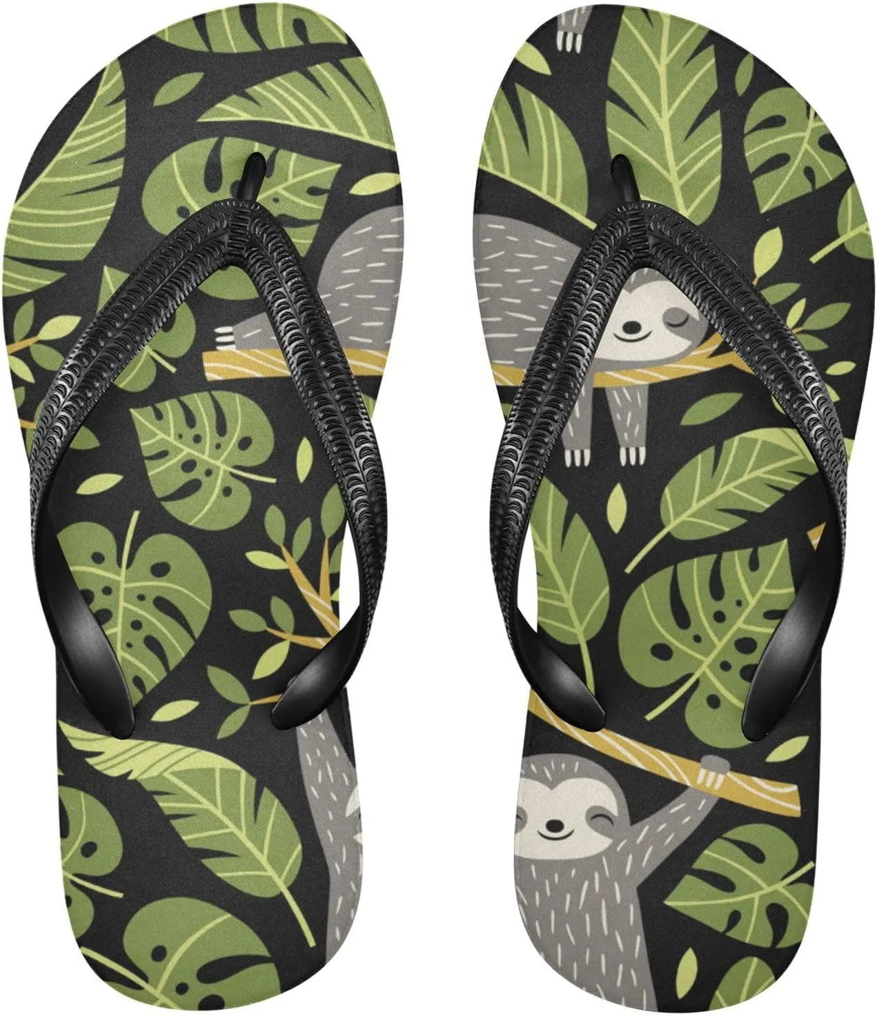 Casual Women's Slim Flip Flops - Tropical Leaves Sloths Summer Thong Flat Sandals Rubber Slide Slippers Shower Shoes