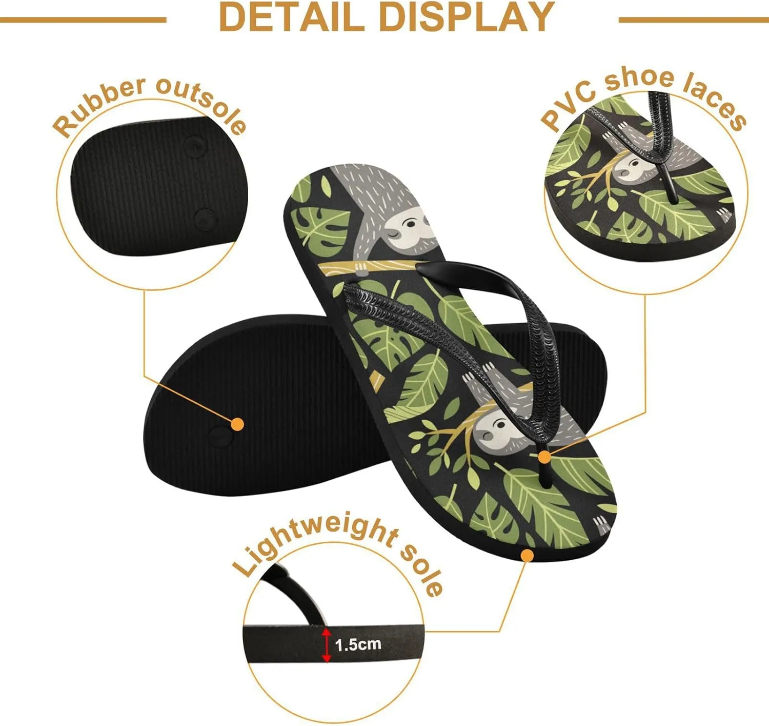 Casual Women's Slim Flip Flops - Tropical Leaves Sloths Summer Thong Flat Sandals Rubber Slide Slippers Shower Shoes