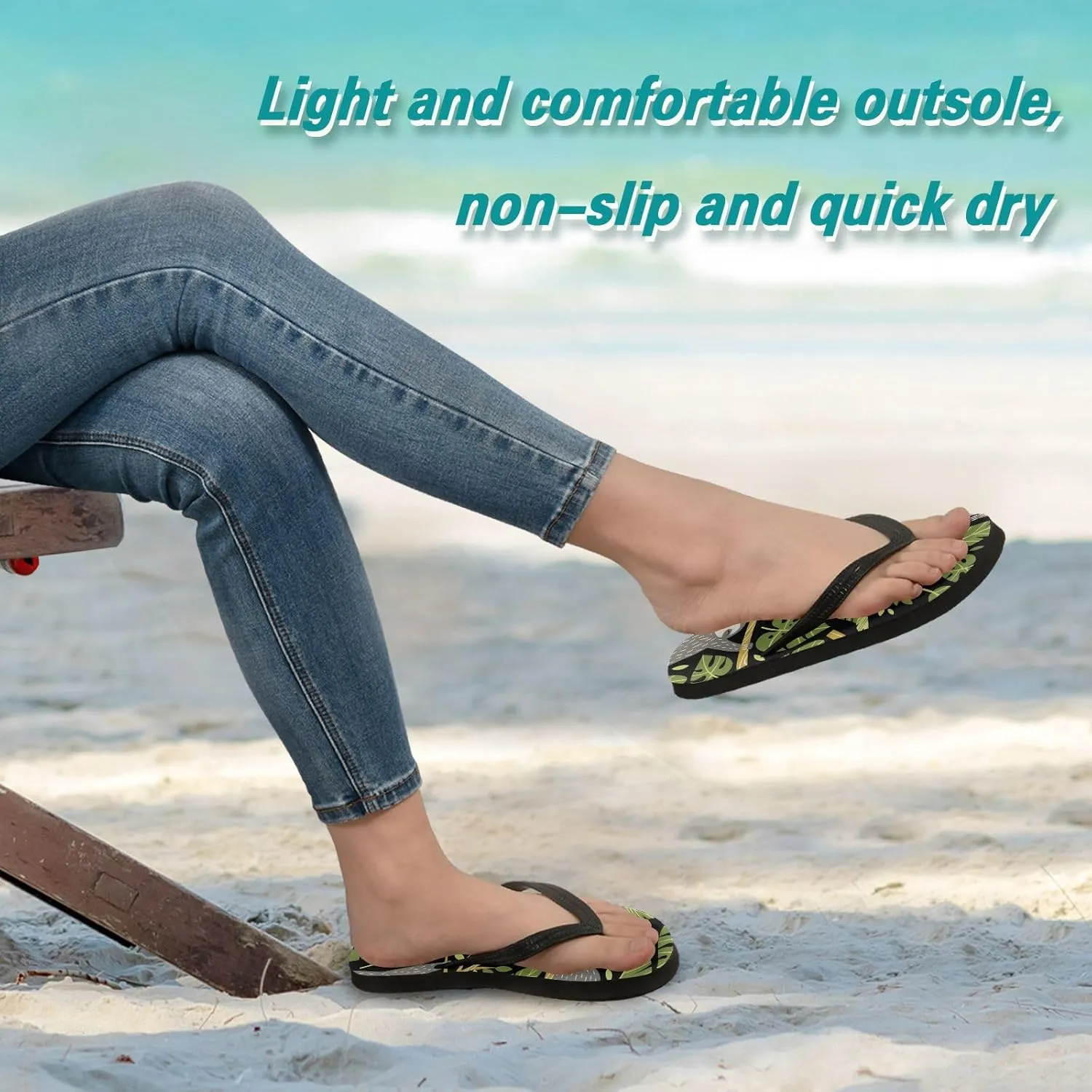 Casual Women's Slim Flip Flops - Tropical Leaves Sloths Summer Thong Flat Sandals Rubber Slide Slippers Shower Shoes