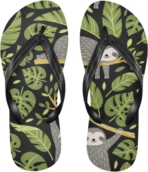 Casual Women's Slim Flip Flops - Tropical Leaves Sloths Summer Thong Flat Sandals Rubber Slide Slippers Shower Shoes