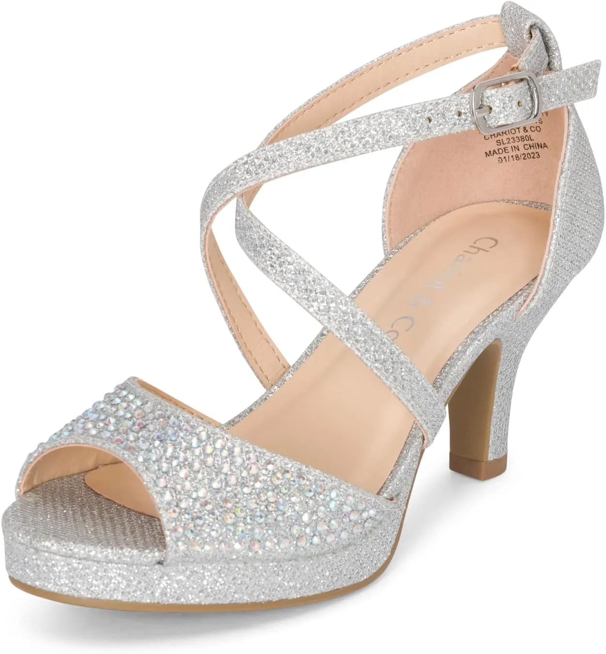 Chariot & Co Ginger-IIS - Girls/Kids/Childrens Rhinestone Shiny Strappy Open Toe Shimmer Ankle Strap Party/Wedding Sandal Platform Pumps - 2.5" Kitten Heel