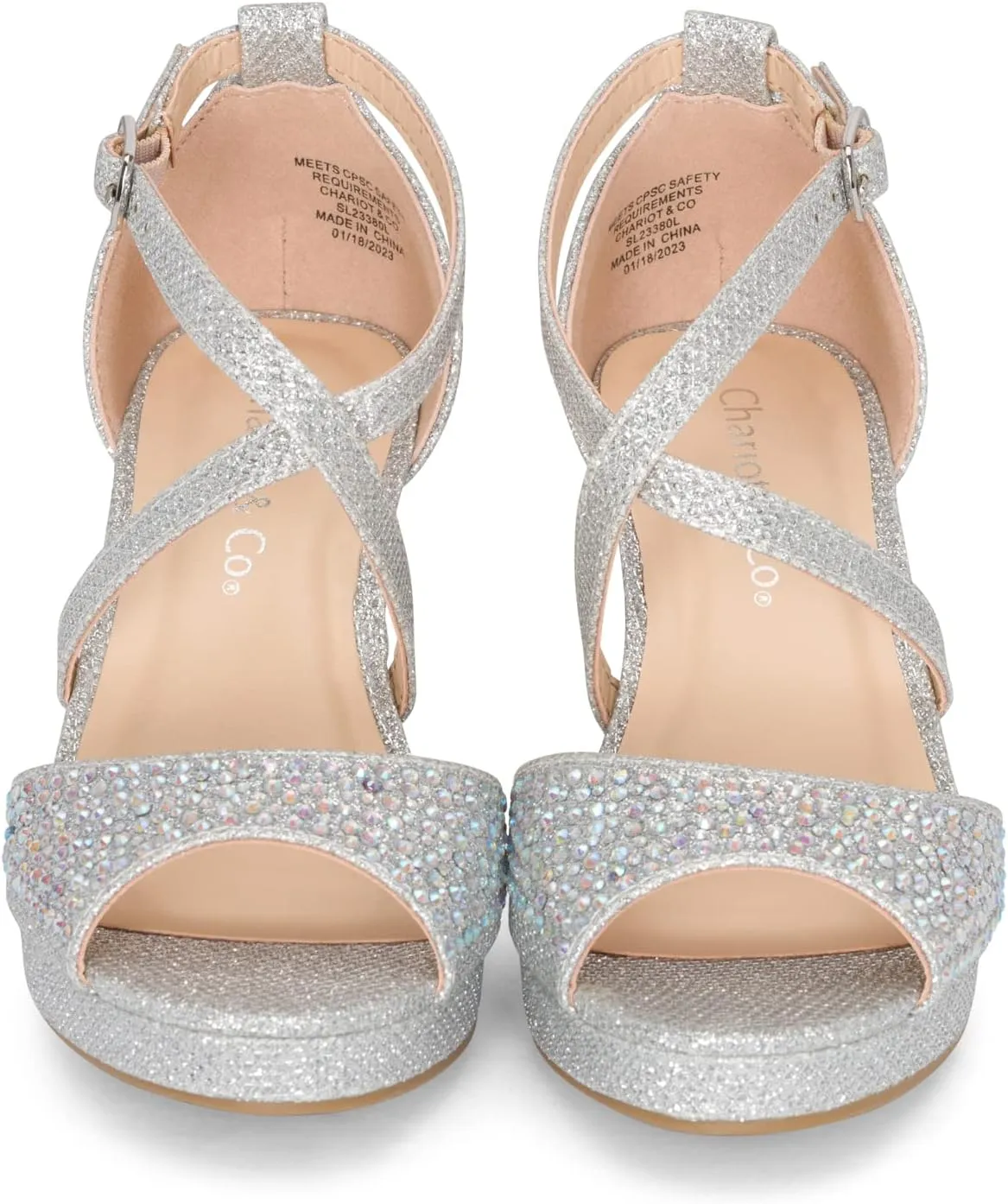 Chariot & Co Ginger-IIS - Girls/Kids/Childrens Rhinestone Shiny Strappy Open Toe Shimmer Ankle Strap Party/Wedding Sandal Platform Pumps - 2.5" Kitten Heel