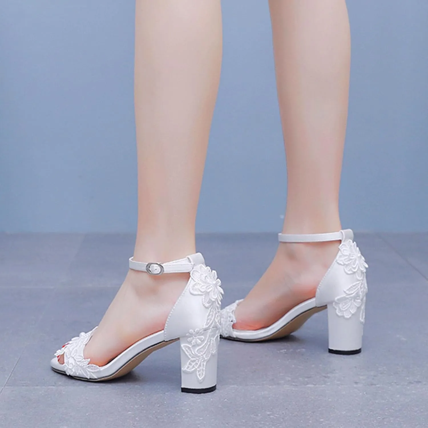 Chaussures De Mariage Mariée Femmes Dentelle Talon Bottier Escarpins Bout Ouvert Et Talon Épais pour Femme Sandales À Talons Hauts 7Cm