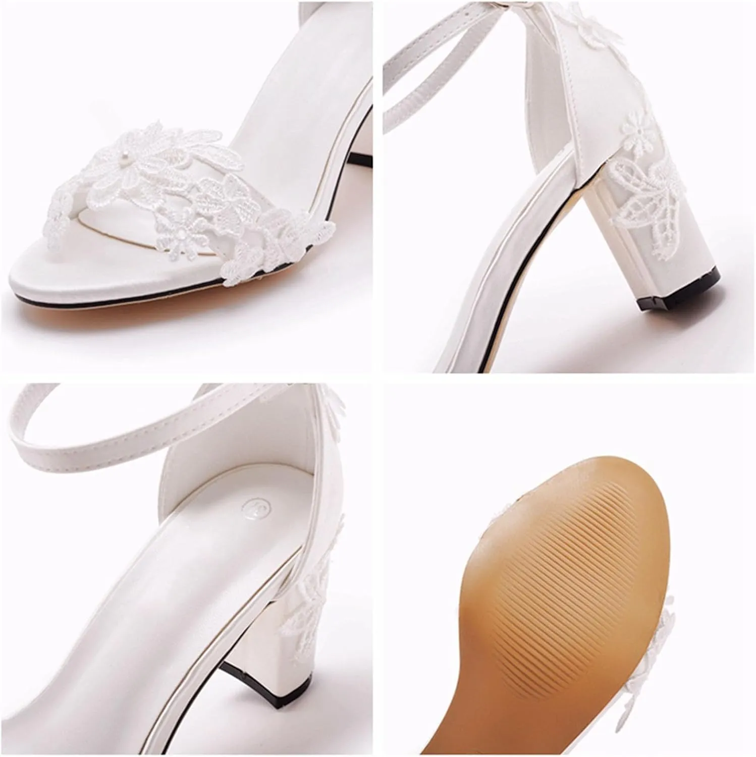 Chaussures De Mariage Mariée Femmes Dentelle Talon Bottier Escarpins Bout Ouvert Et Talon Épais pour Femme Sandales À Talons Hauts 7Cm