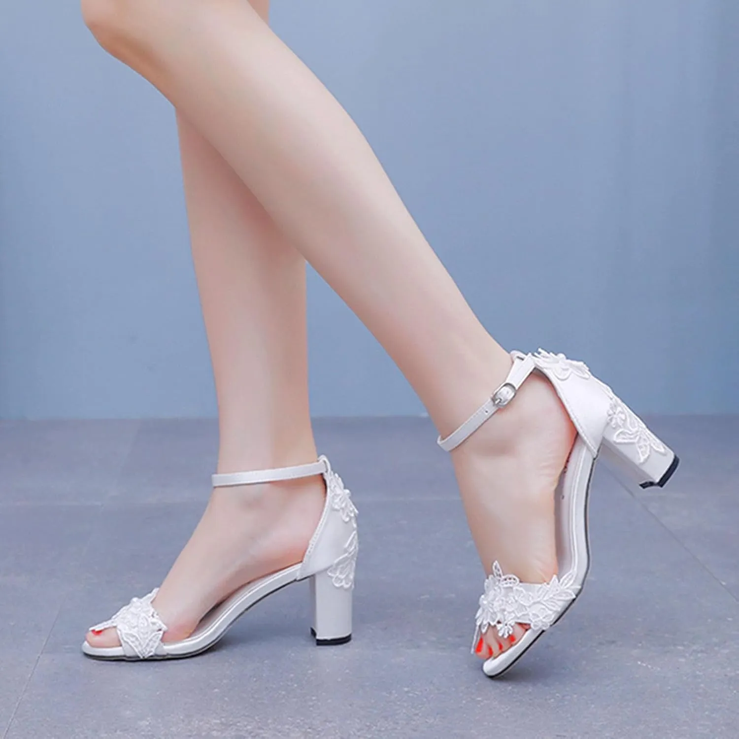 Chaussures De Mariage Mariée Femmes Dentelle Talon Bottier Escarpins Bout Ouvert Et Talon Épais pour Femme Sandales À Talons Hauts 7Cm