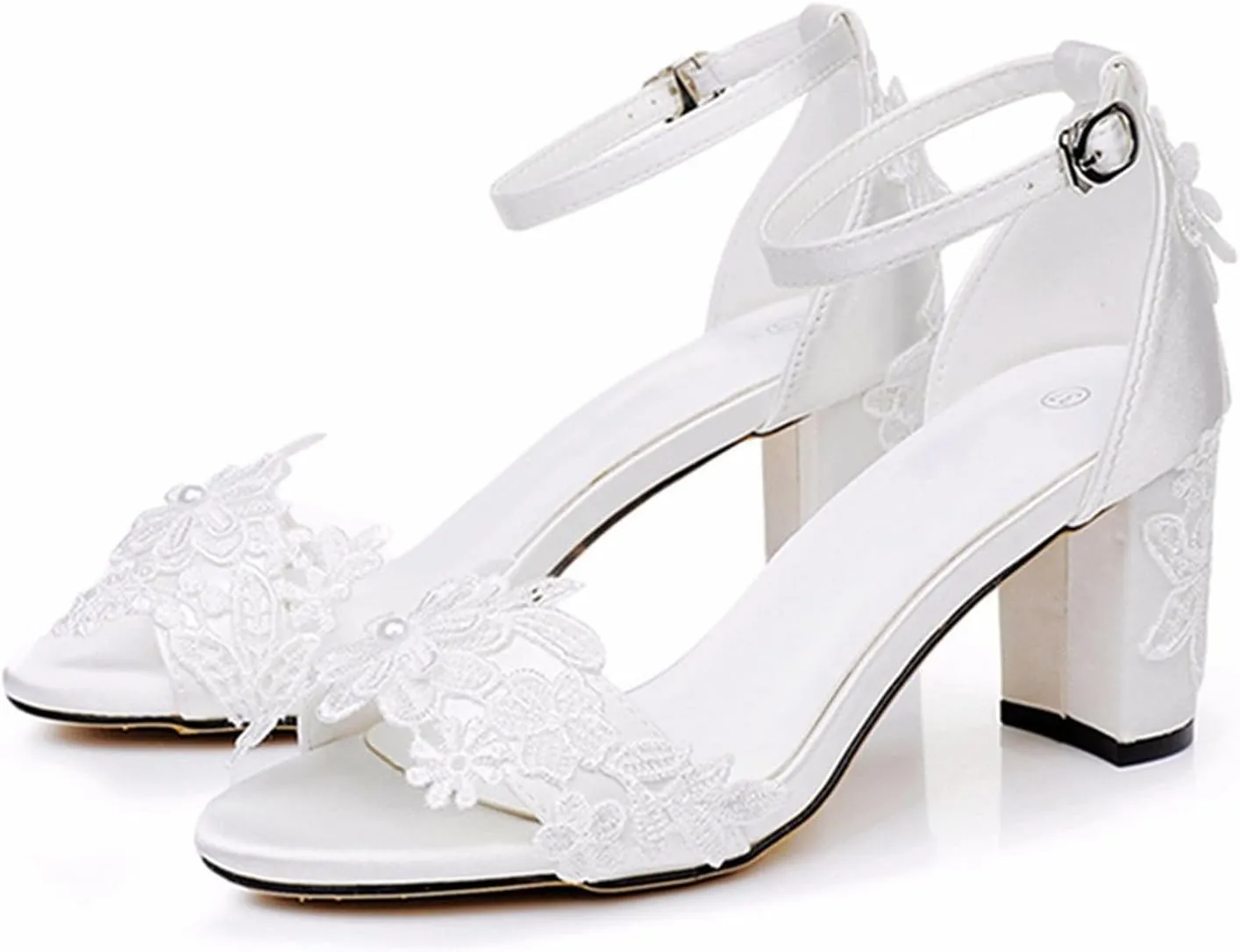 Chaussures De Mariage Mariée Femmes Dentelle Talon Bottier Escarpins Bout Ouvert Et Talon Épais pour Femme Sandales À Talons Hauts 7Cm