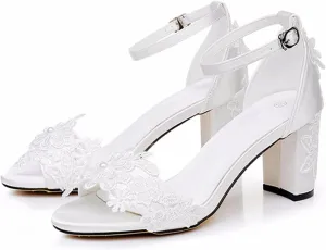 Chaussures De Mariage Mariée Femmes Dentelle Talon Bottier Escarpins Bout Ouvert Et Talon Épais pour Femme Sandales À Talons Hauts 7Cm