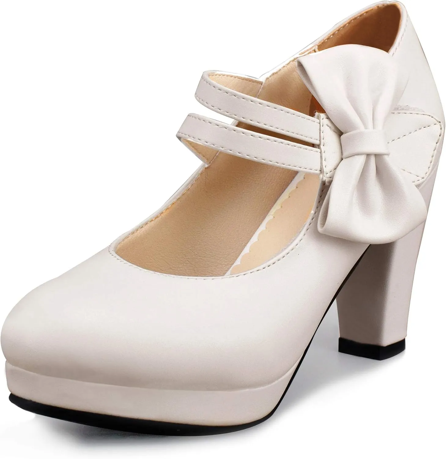 Chic Women Bow Block High Heel Mary Janes Ankle Strap Pumps Sweet Shoes Closed Toe Comfort Dress Party Pumps with Hook Loop