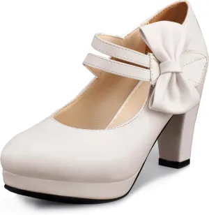 Chic Women Bow Block High Heel Mary Janes Ankle Strap Pumps Sweet Shoes Closed Toe Comfort Dress Party Pumps with Hook Loop