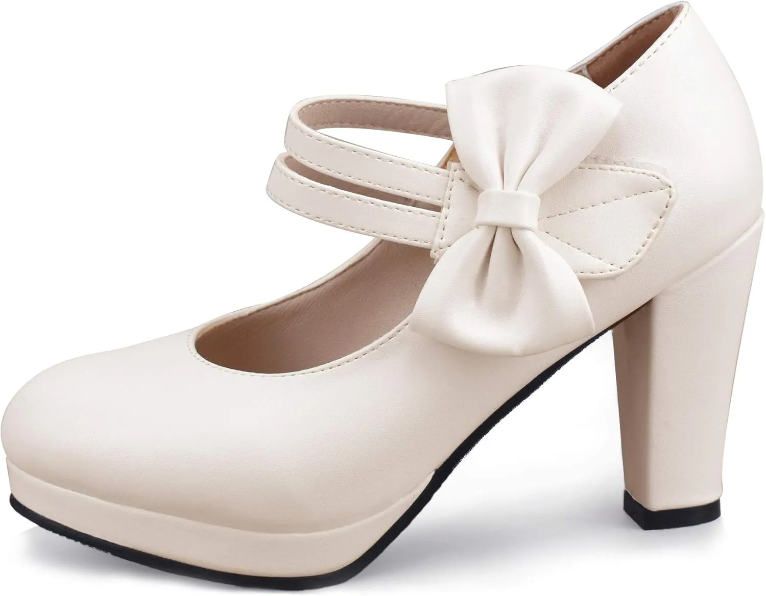 Chic Women Bow Block High Heel Mary Janes Ankle Strap Pumps Sweet Shoes Closed Toe Comfort Dress Party Pumps with Hook Loop