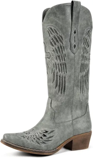 Chic Women's Embroidered Western Cowboy Boots – Angel Wings Design, Slip-On Mid-Calf Boots with Chunky Heel, Vintage Cowgirl Boots for Rodeo, Casual & Party Wear