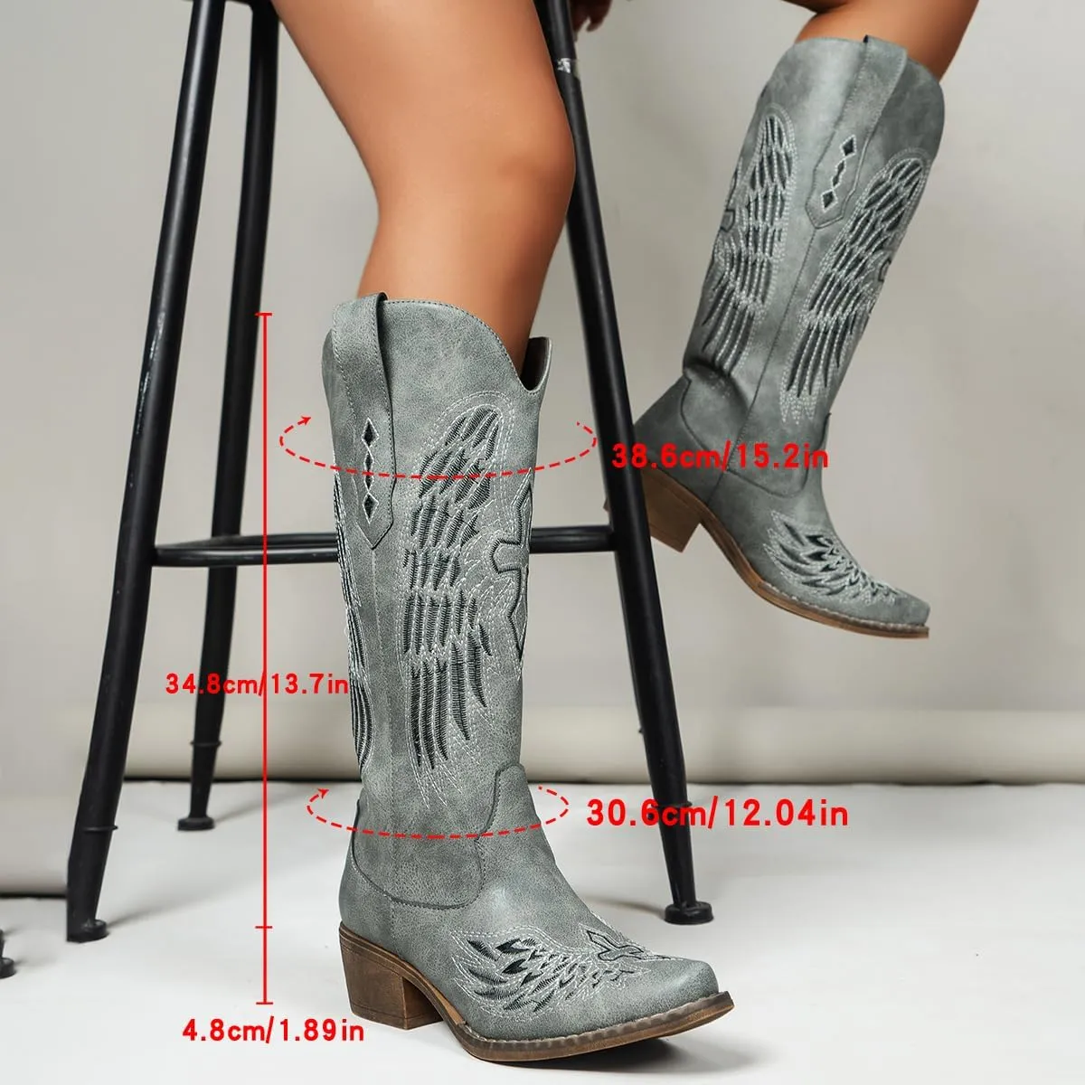 Chic Women's Embroidered Western Cowboy Boots – Angel Wings Design, Slip-On Mid-Calf Boots with Chunky Heel, Vintage Cowgirl Boots for Rodeo, Casual & Party Wear