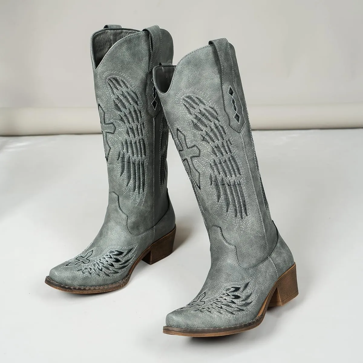 Chic Women's Embroidered Western Cowboy Boots – Angel Wings Design, Slip-On Mid-Calf Boots with Chunky Heel, Vintage Cowgirl Boots for Rodeo, Casual & Party Wear