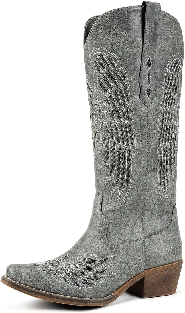 Chic Women's Embroidered Western Cowboy Boots – Angel Wings Design, Slip-On Mid-Calf Boots with Chunky Heel, Vintage Cowgirl Boots for Rodeo, Casual & Party Wear