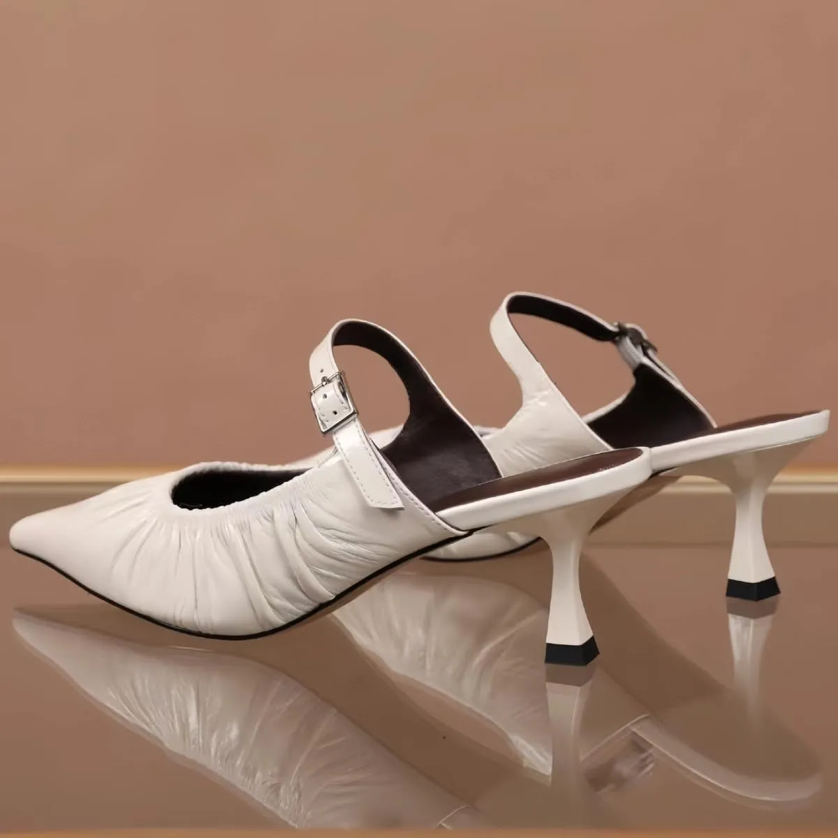 Chic Women's Pumps Single Strap Metal Buckle Pointed-Toe Kitten Heels Genuine Leather Mules Dress Shoes for Office Work