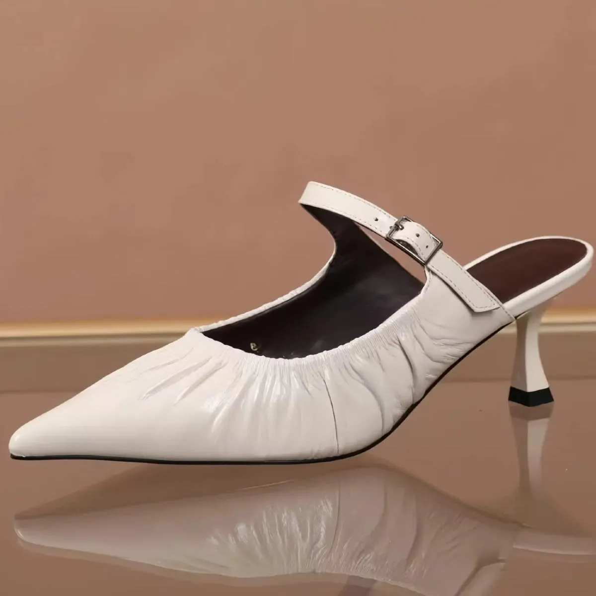 Chic Women's Pumps Single Strap Metal Buckle Pointed-Toe Kitten Heels Genuine Leather Mules Dress Shoes for Office Work