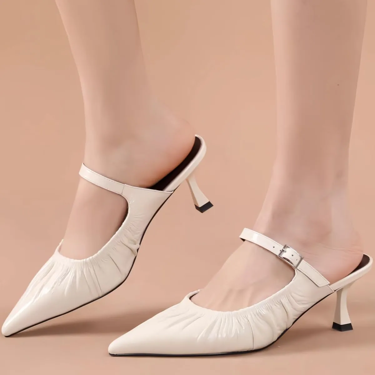 Chic Women's Pumps Single Strap Metal Buckle Pointed-Toe Kitten Heels Genuine Leather Mules Dress Shoes for Office Work