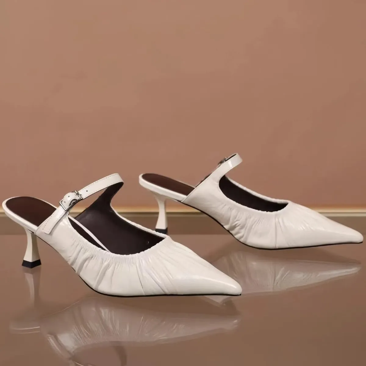 Chic Women's Pumps Single Strap Metal Buckle Pointed-Toe Kitten Heels Genuine Leather Mules Dress Shoes for Office Work