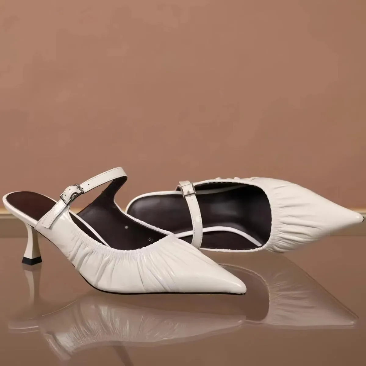Chic Women's Pumps Single Strap Metal Buckle Pointed-Toe Kitten Heels Genuine Leather Mules Dress Shoes for Office Work