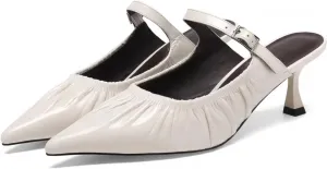 Chic Women's Pumps Single Strap Metal Buckle Pointed-Toe Kitten Heels Genuine Leather Mules Dress Shoes for Office Work