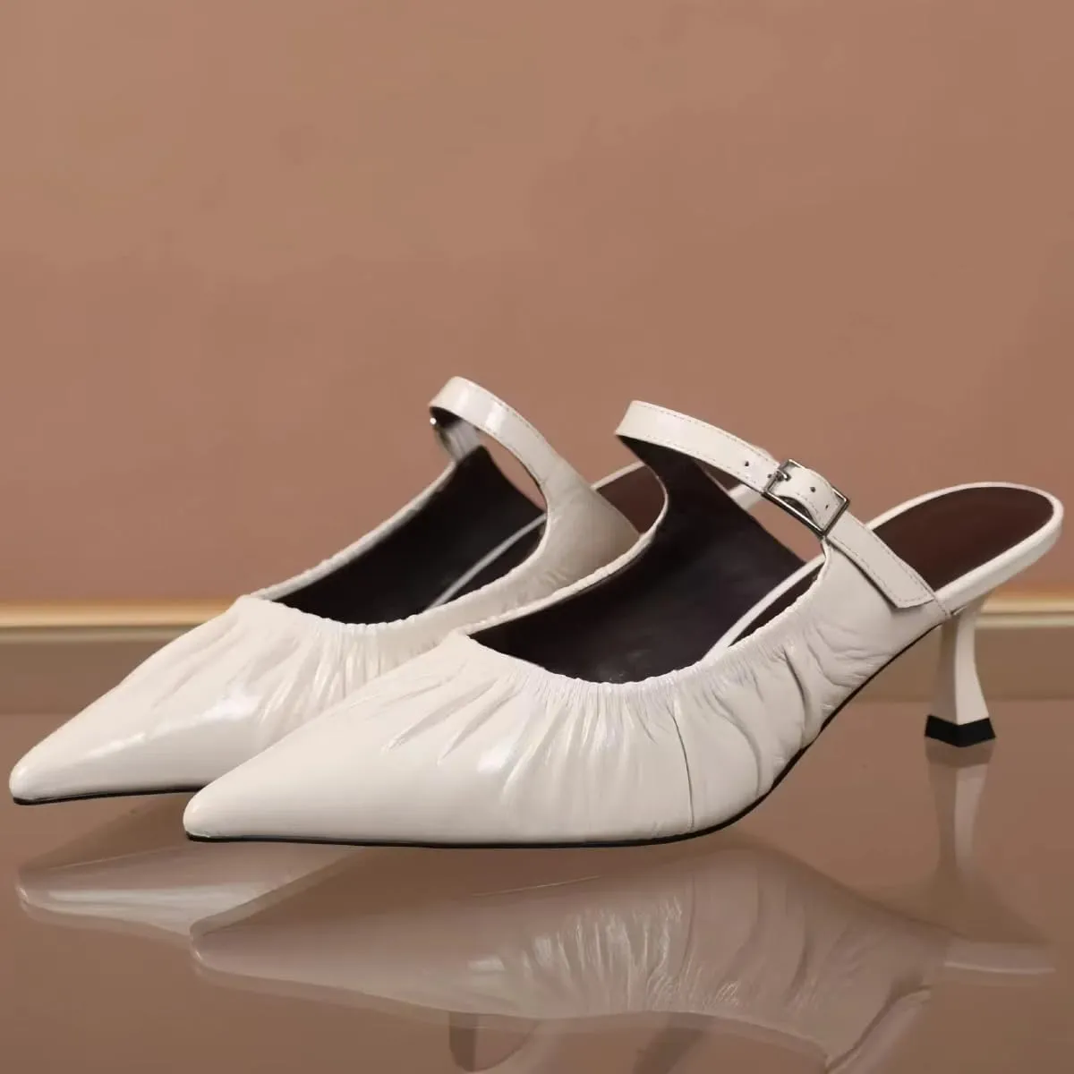 Chic Women's Pumps Single Strap Metal Buckle Pointed-Toe Kitten Heels Genuine Leather Mules Dress Shoes for Office Work