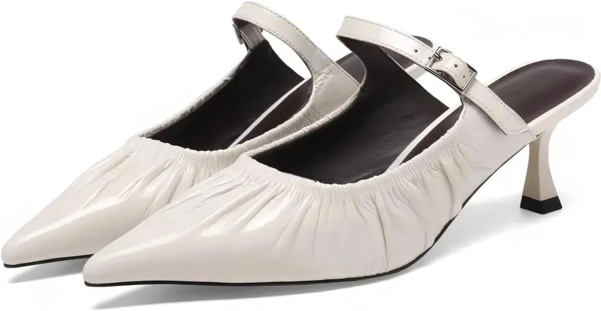 Chic Women's Pumps Single Strap Metal Buckle Pointed-Toe Kitten Heels Genuine Leather Mules Dress Shoes for Office Work