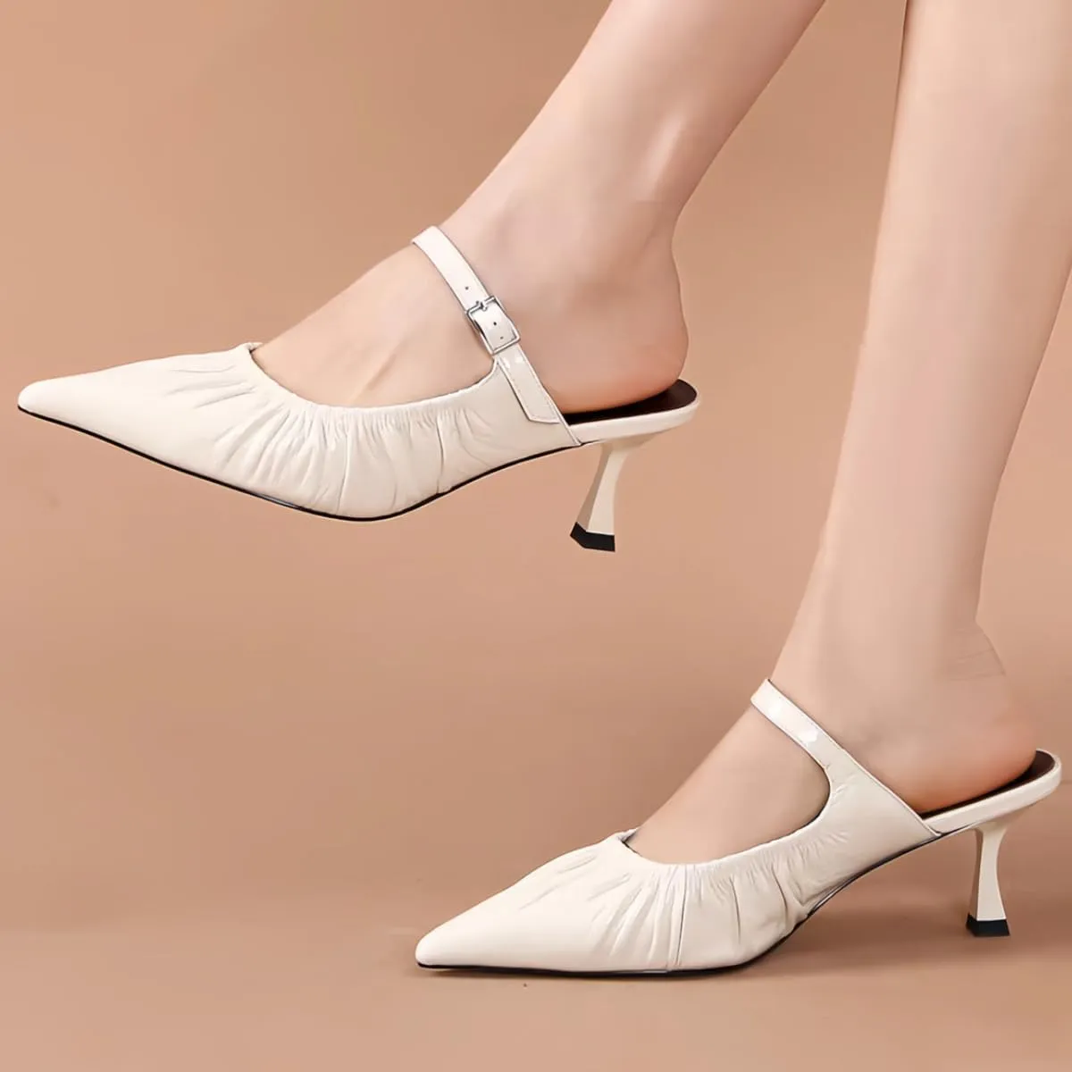 Chic Women's Pumps Single Strap Metal Buckle Pointed-Toe Kitten Heels Genuine Leather Mules Dress Shoes for Office Work