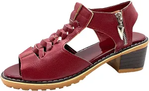 Chunky Heeled Sandals for Women Bohemian Cutout Open Toe Summer Party Sandals, Leather Fish Mouth Zipper Wedges Beach Outdoor Comfortable Chunky Heeled Sandal
