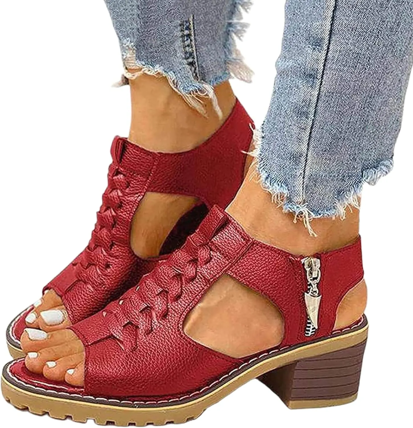 Chunky Heeled Sandals for Women Bohemian Cutout Open Toe Summer Party Sandals, Leather Fish Mouth Zipper Wedges Beach Outdoor Comfortable Chunky Heeled Sandal