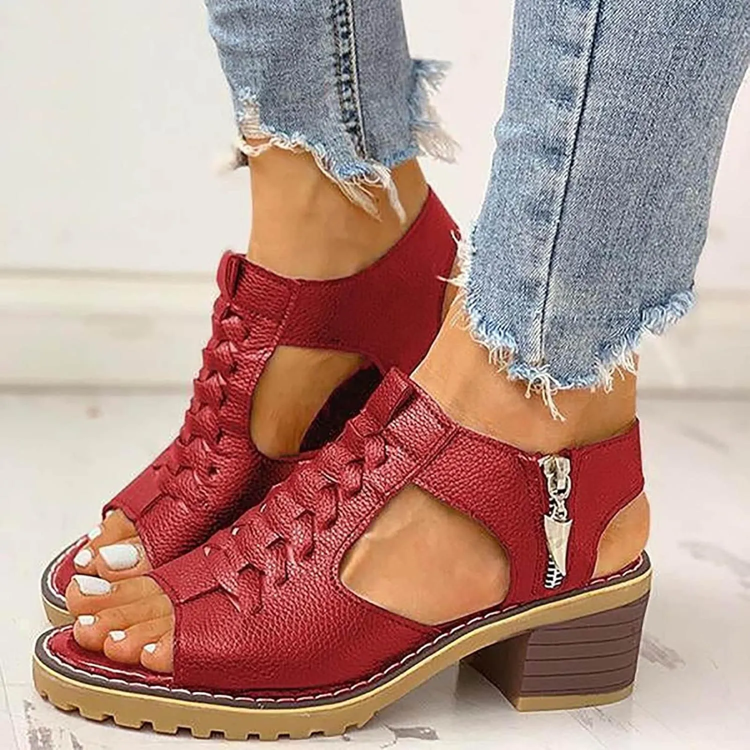 Chunky Heeled Sandals for Women Bohemian Cutout Open Toe Summer Party Sandals, Leather Fish Mouth Zipper Wedges Beach Outdoor Comfortable Chunky Heeled Sandal